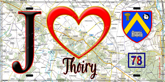 Plaque métal décorative  J' ❤️ Thoiry, Yvelines (78) fond carte