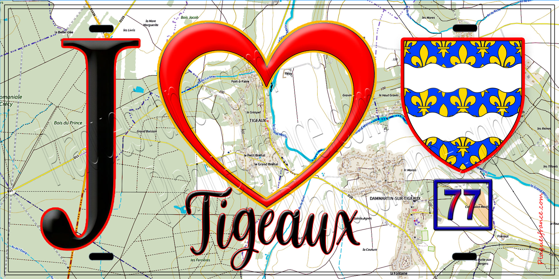 Plaque métal décorative  J' ❤️Tigeaux, Seine et Marne (77) fond carte