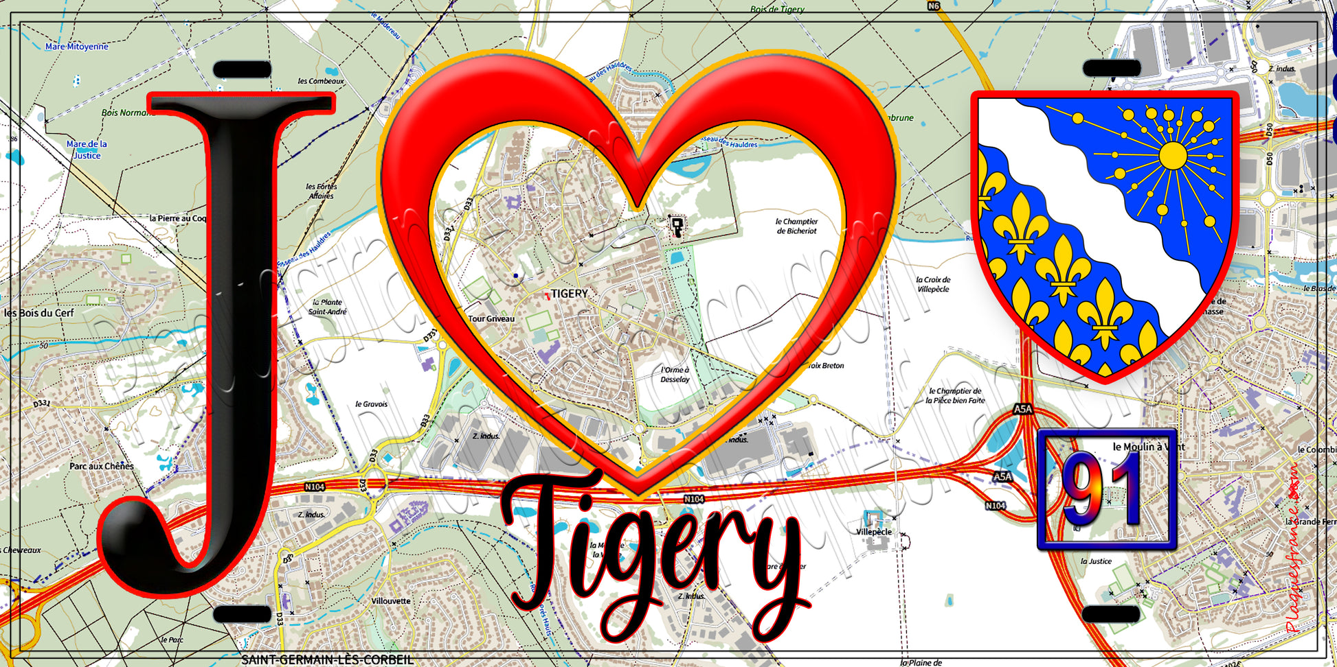 Plaque métal décorative  J' ❤️Tigery, Essonne (91) fond carte