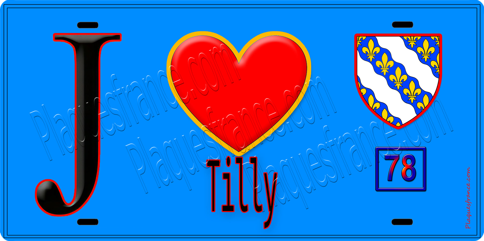 Plaque métal décorative  J' ❤️ Tilly Yvelines (78) fond bleu