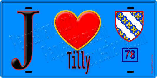 Plaque métal décorative  J' ❤️ Tilly Yvelines (78) fond bleu