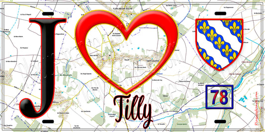 Plaque métal décorative  J' ❤️ Tilly Yvelines (78) fond carte
