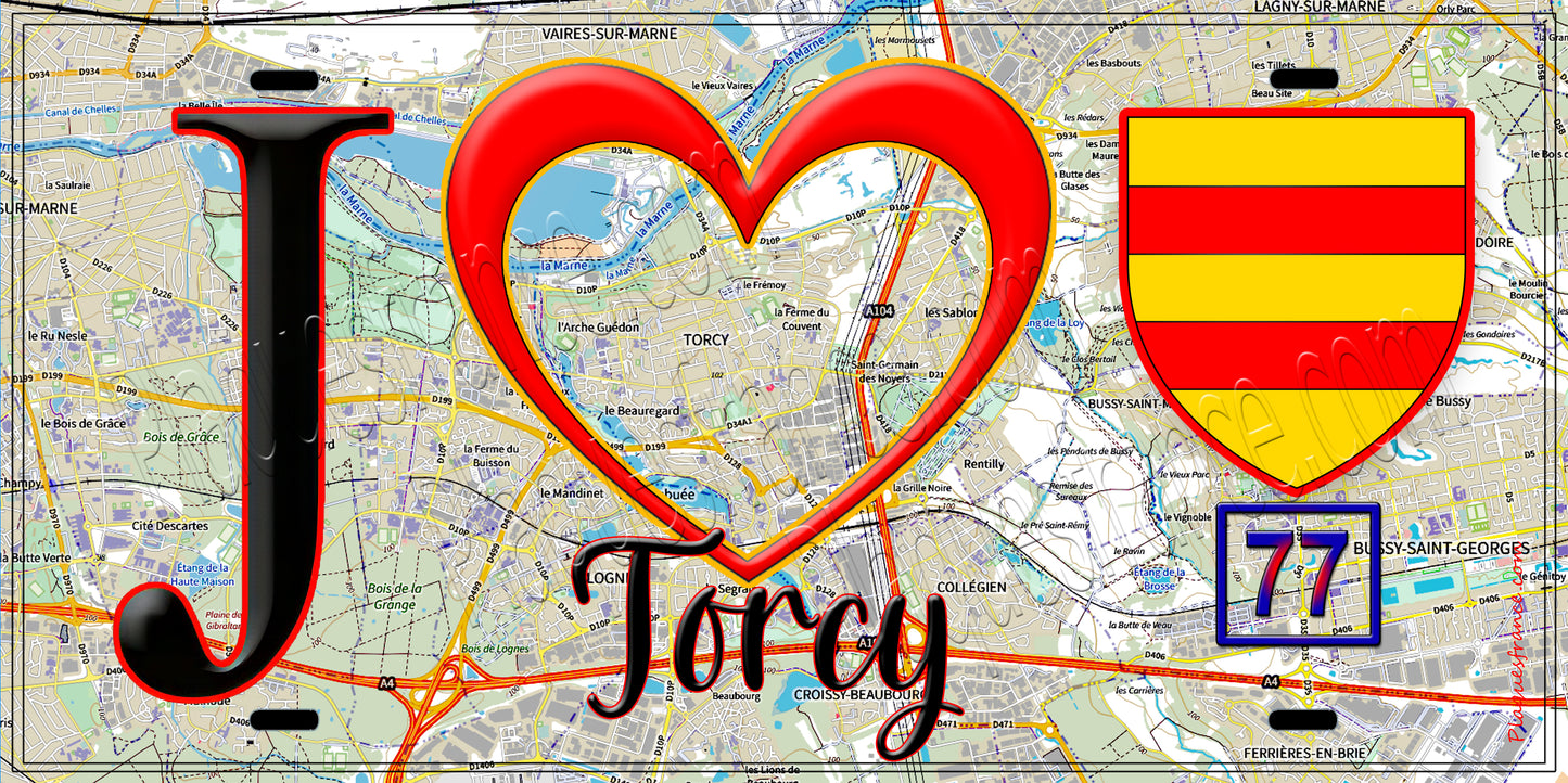 Plaque métal décorative  J' ❤️Torcy, Seine et Marne (77) fond carte