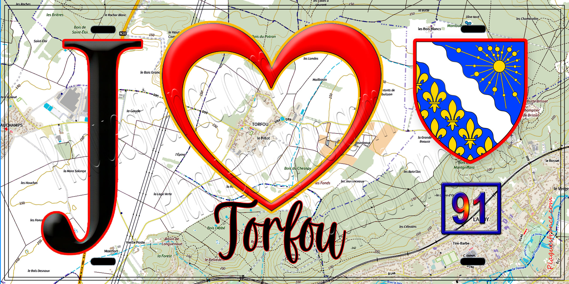 Plaque métal décorative  J' ❤️Torfou, Essonne (91) fond carte