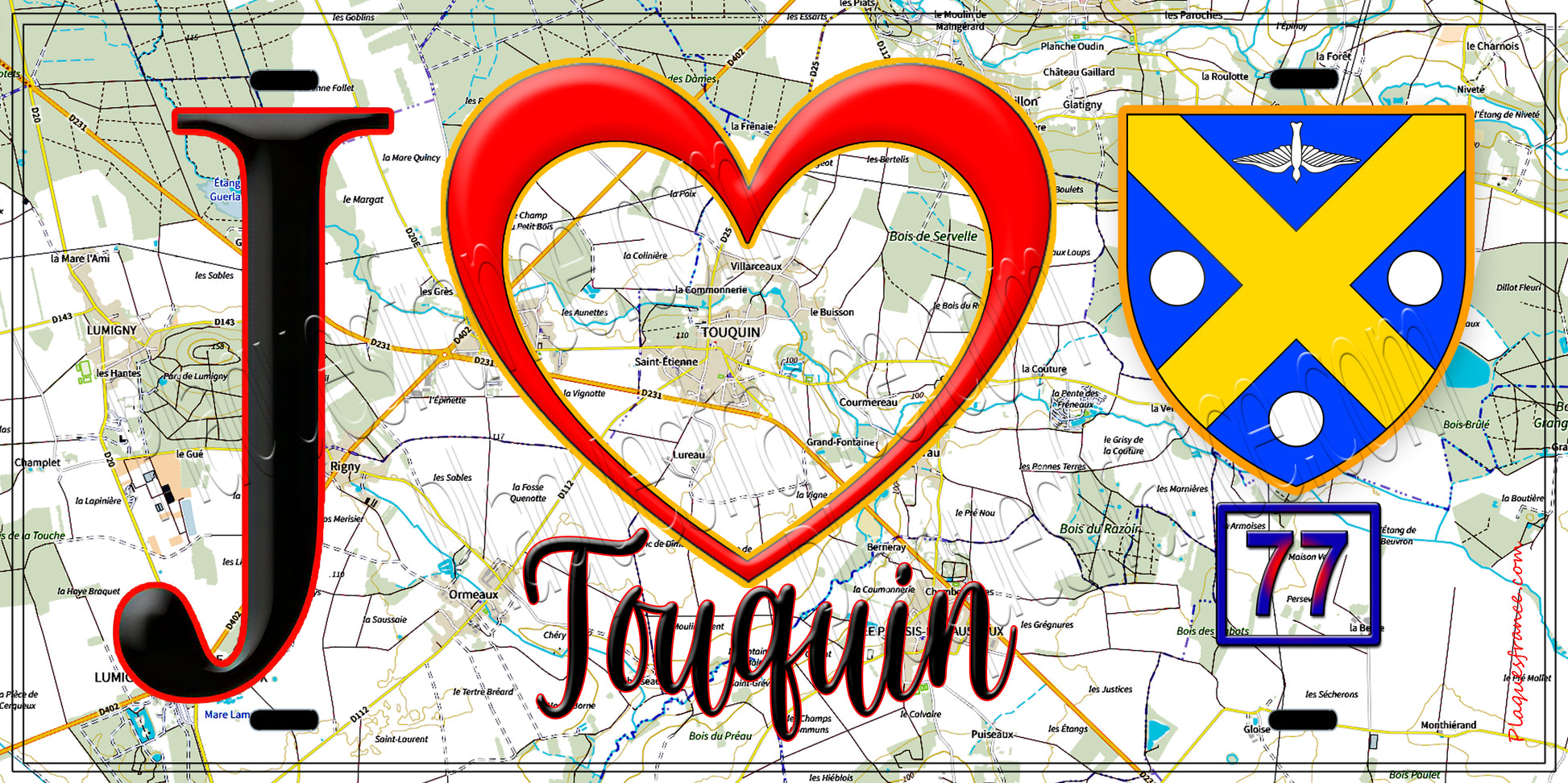 Plaque métal décorative  J' ❤️Touquin, Seine et Marne (77) fond carte