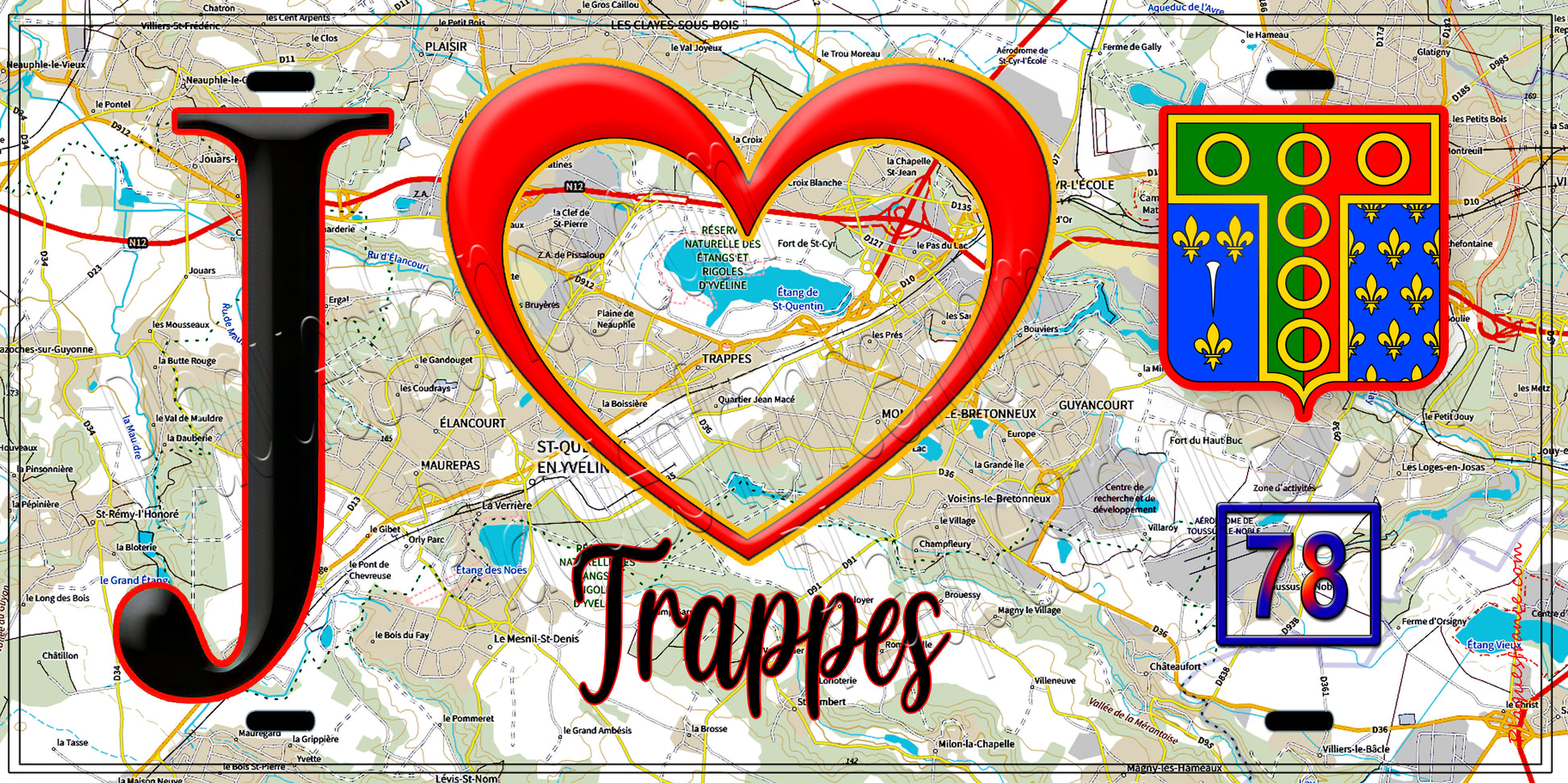 Plaque métal décorative  J' ❤️ Trappes Yvelines (78) fond carte