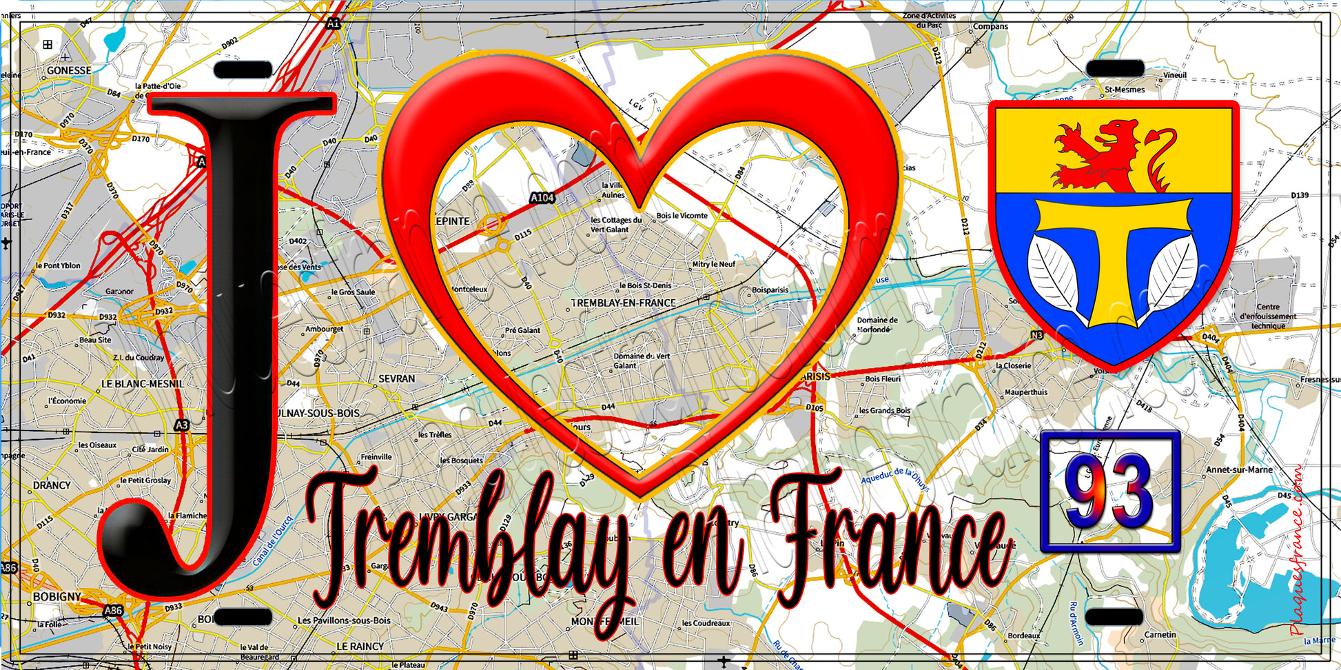 Plaque métal décorative  J' ❤️Tremblay-en-France, Seine Saint Denis (93) fond carte