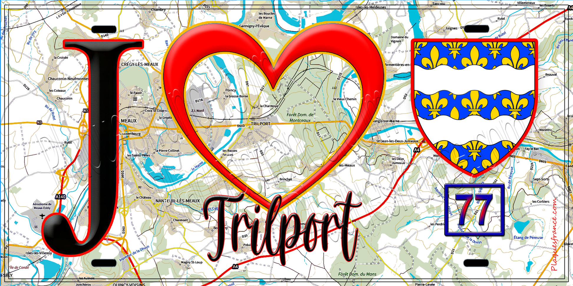 Plaque métal décorative  J' ❤️Trilport, Seine et Marne (77) fond carte
