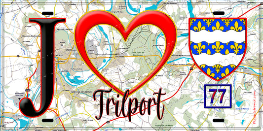 Plaque métal décorative  J' ❤️Trilport, Seine et Marne (77) fond carte