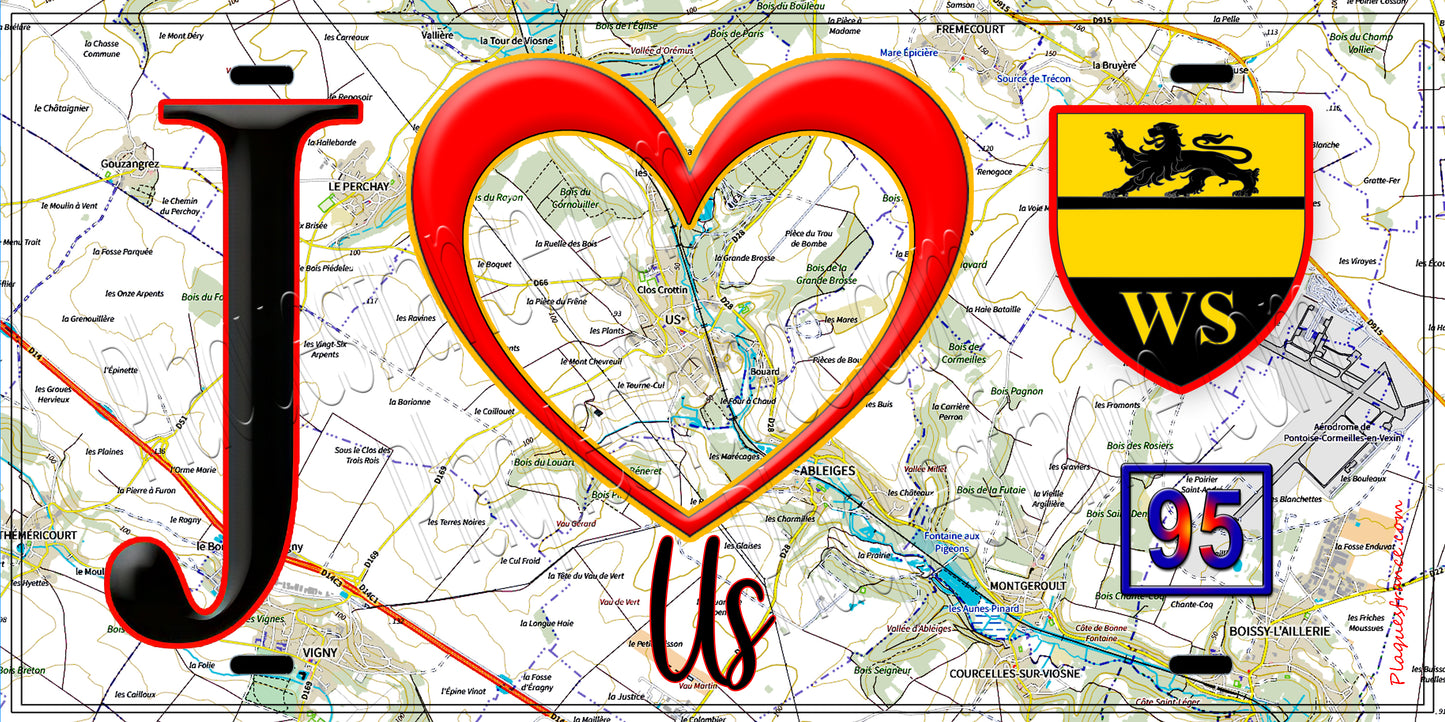 Plaque métal décorative  J' ❤️Us, Val d'Oise (95) fond carte