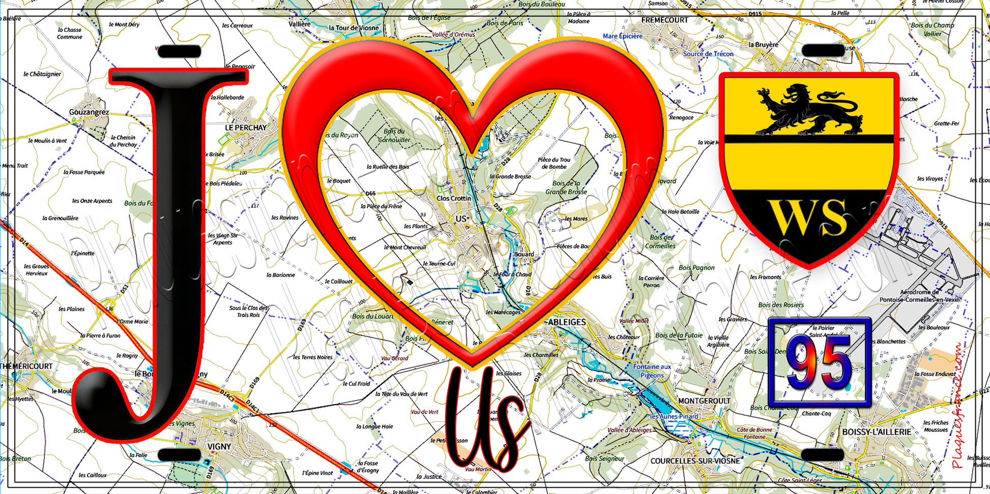 Plaque métal décorative  J' ❤️Us, Val d'Oise (95) fond carte