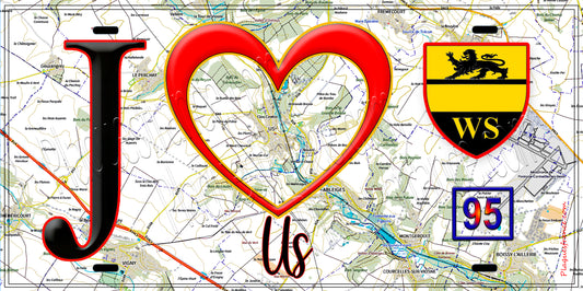 Plaque métal décorative  J' ❤️Us, Val d'Oise (95) fond carte