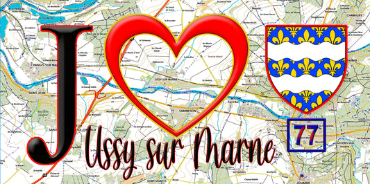 Plaque métal décorative  J' ❤️Ussy-sur-Marne, Seine et Marne (77) fond carte