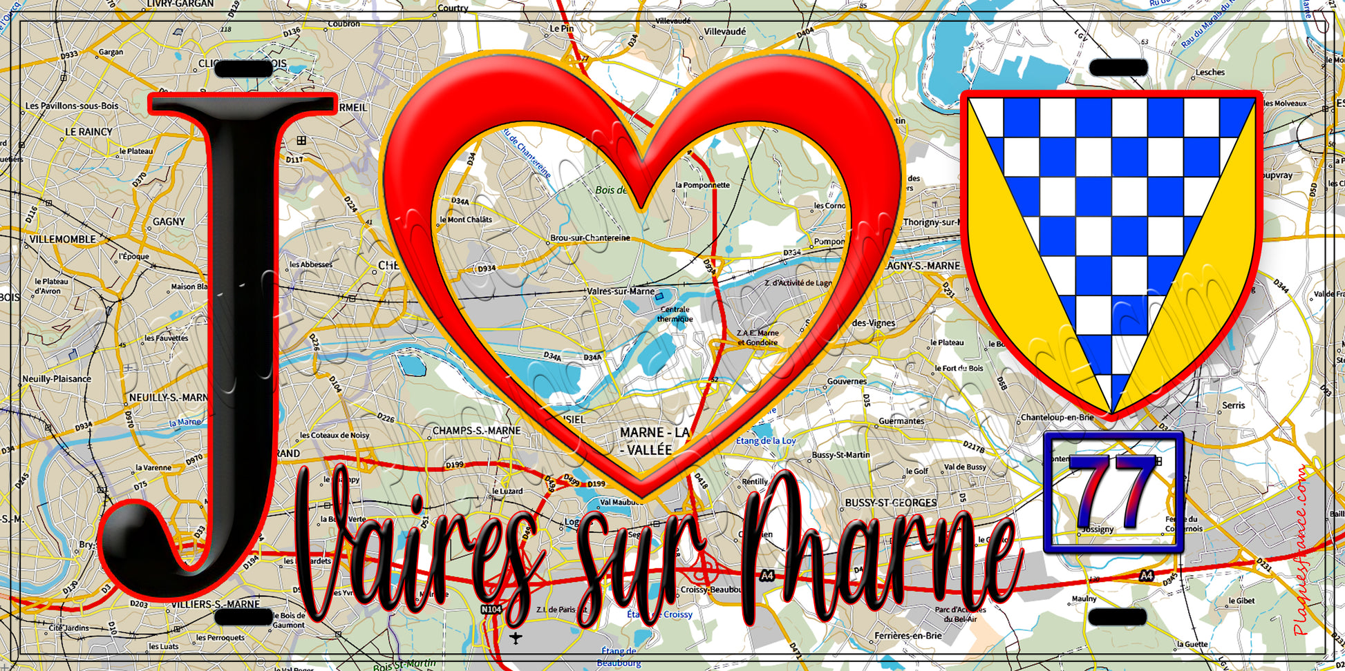 Plaque métal décorative  J' ❤️Vaires-sur-Marne, Seine et Marne (77) fond carte