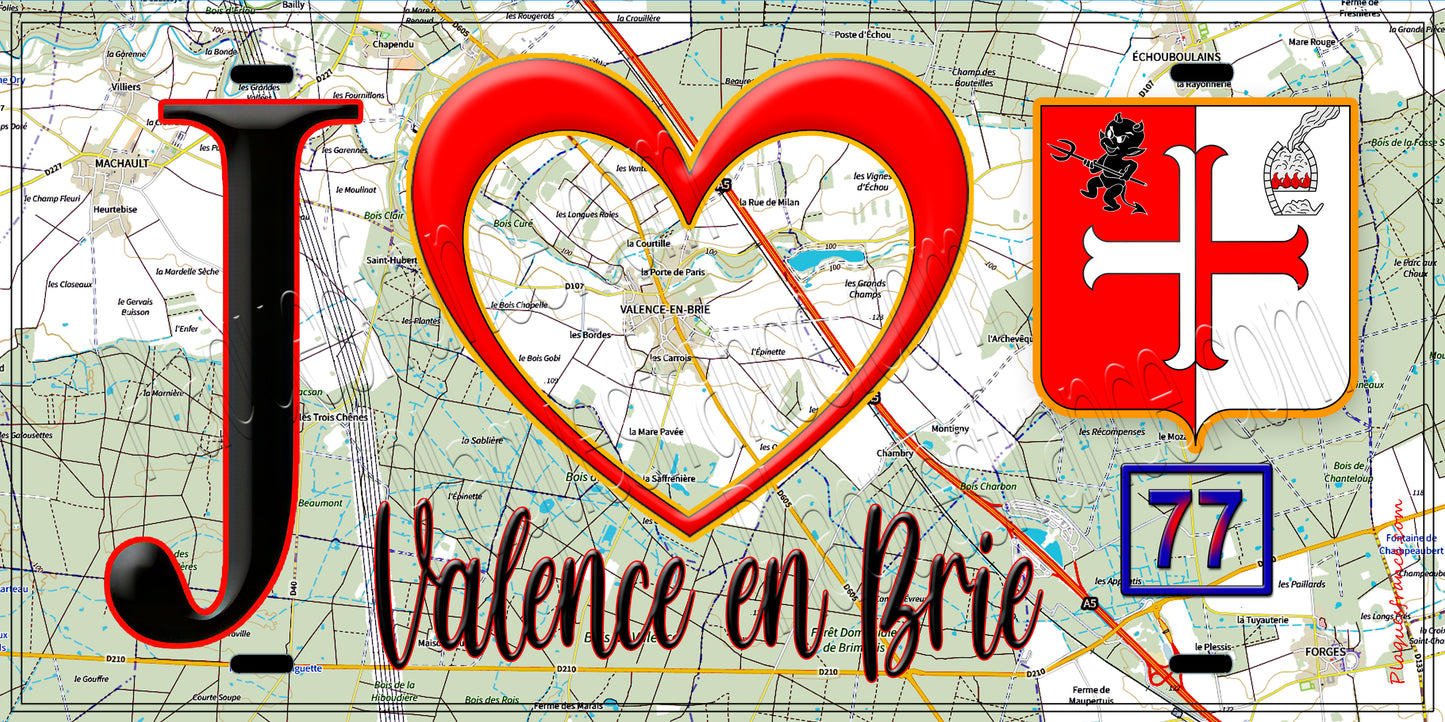 Plaque métal décorative  J' ❤️Valence-en-Brie, Seine et Marne (77) fond carte