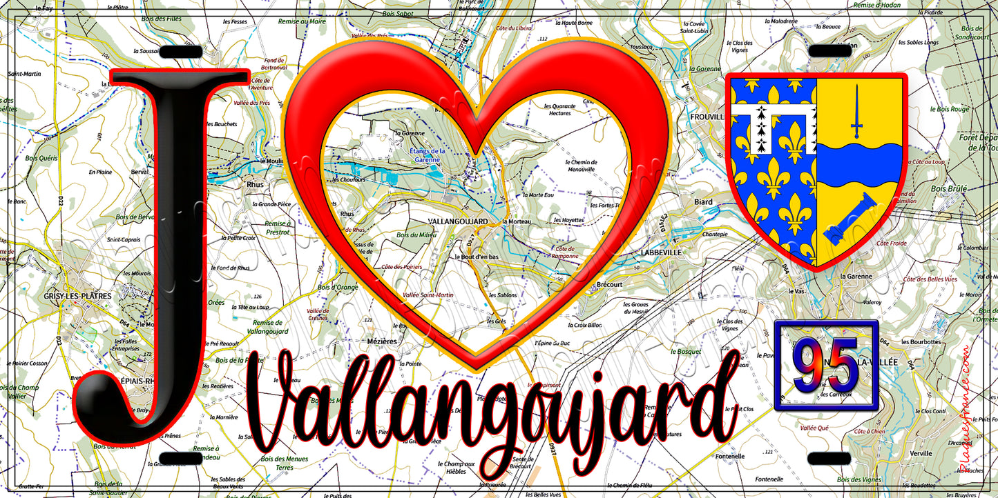 Plaque métal décorative  J' ❤️Vallangoujard, Val d'Oise (95) fond carte