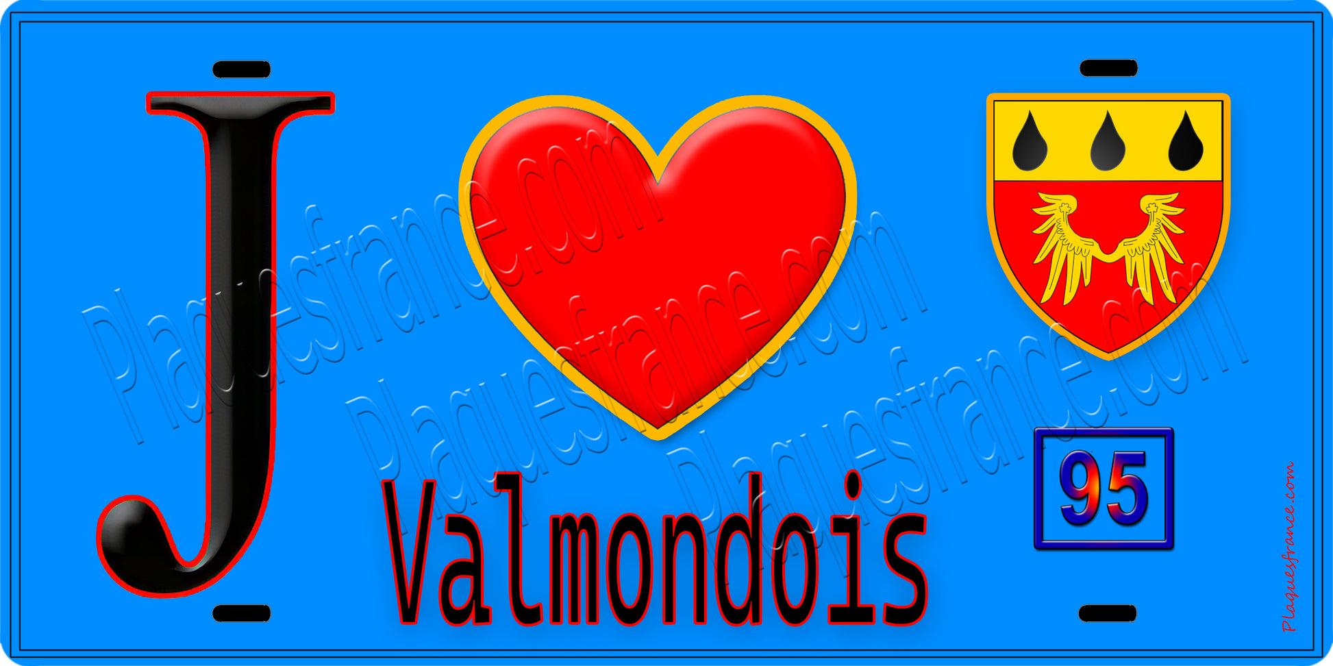 Plaque métal décorative  J' ❤️Valmondois, Val d'Oise (95) fond ble