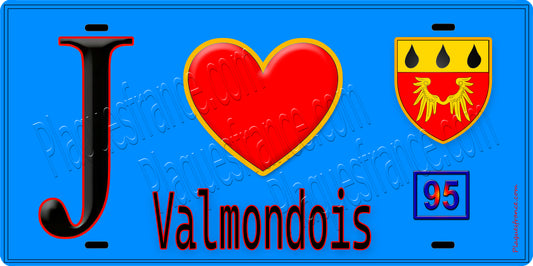 Plaque métal décorative  J' ❤️Valmondois, Val d'Oise (95) fond ble