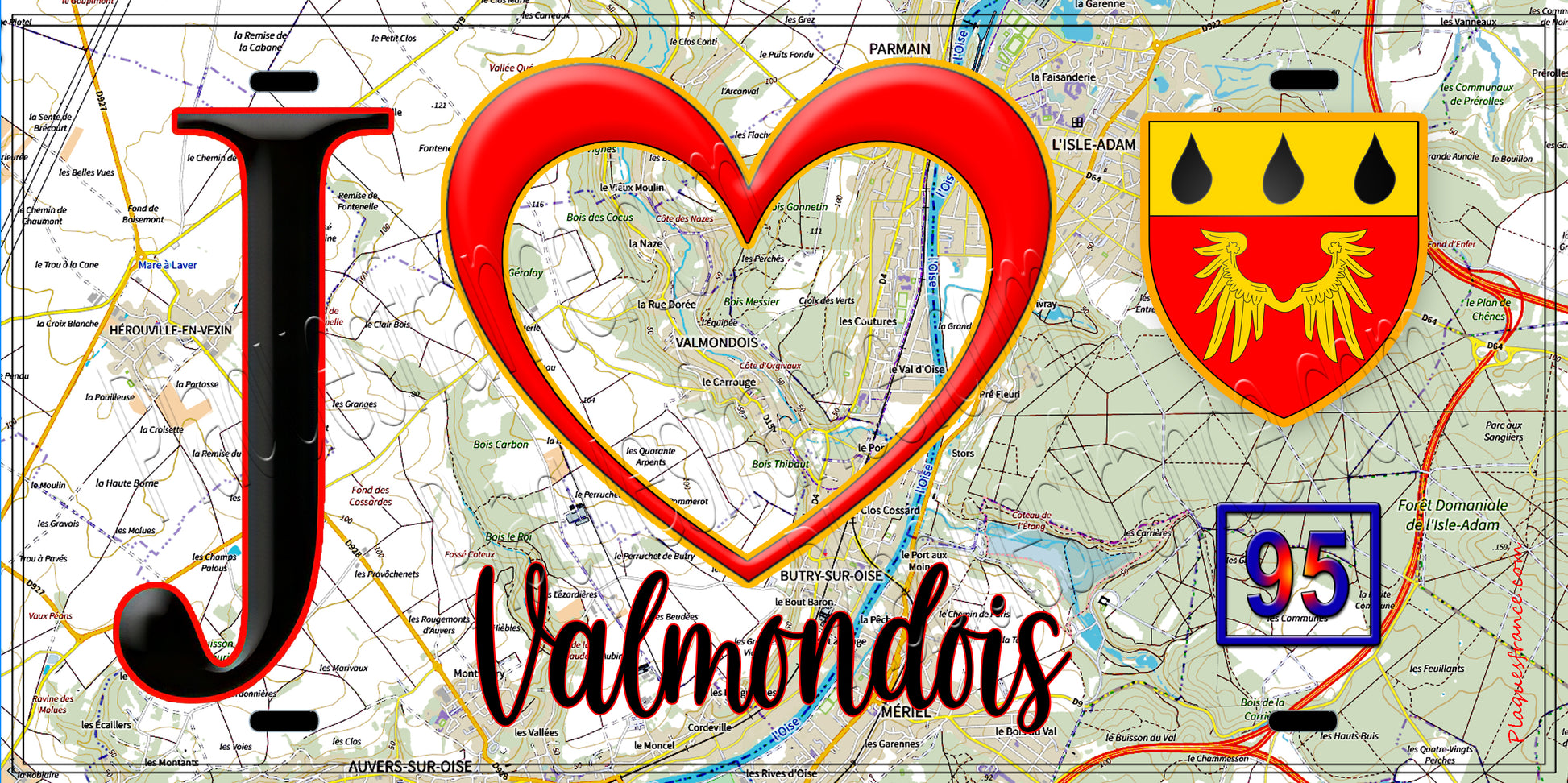 Plaque métal décorative  J' ❤️Valmondois, Val d'Oise (95) fond carte