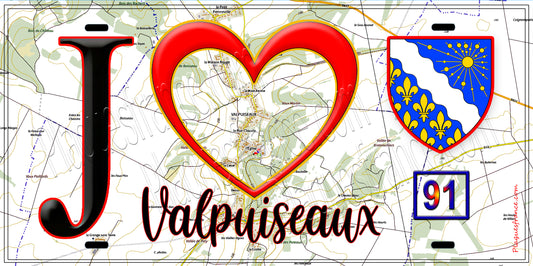 Plaque métal décorative  J' ❤️Valpuiseaux, Essonne (91) fond carte