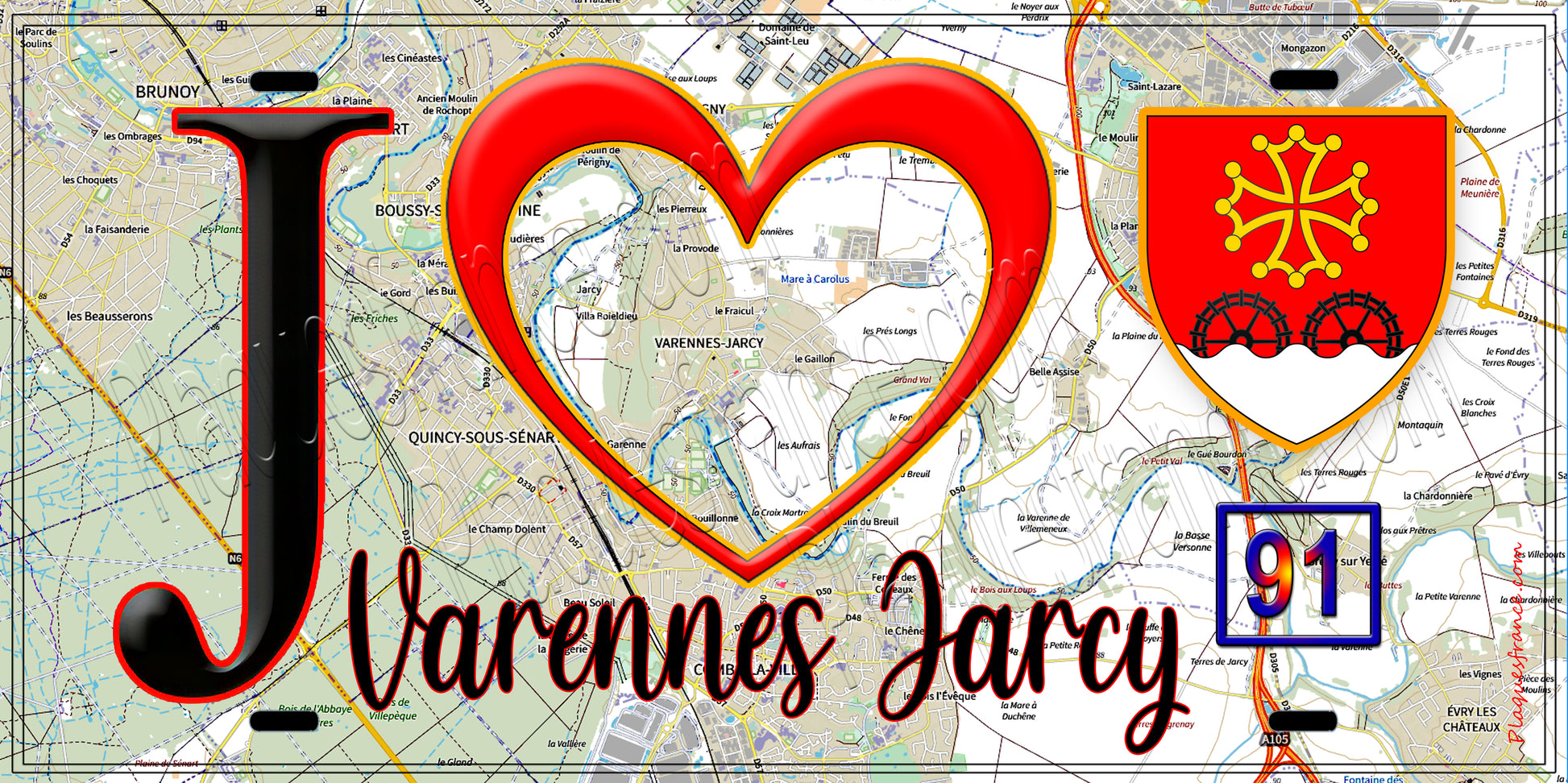 Plaque métal décorative  J' ❤️Varennes-Jarcy, Essonne (91) fond carte