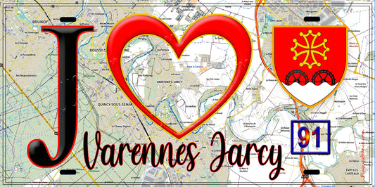 Plaque métal décorative  J' ❤️Varennes-Jarcy, Essonne (91) fond carte