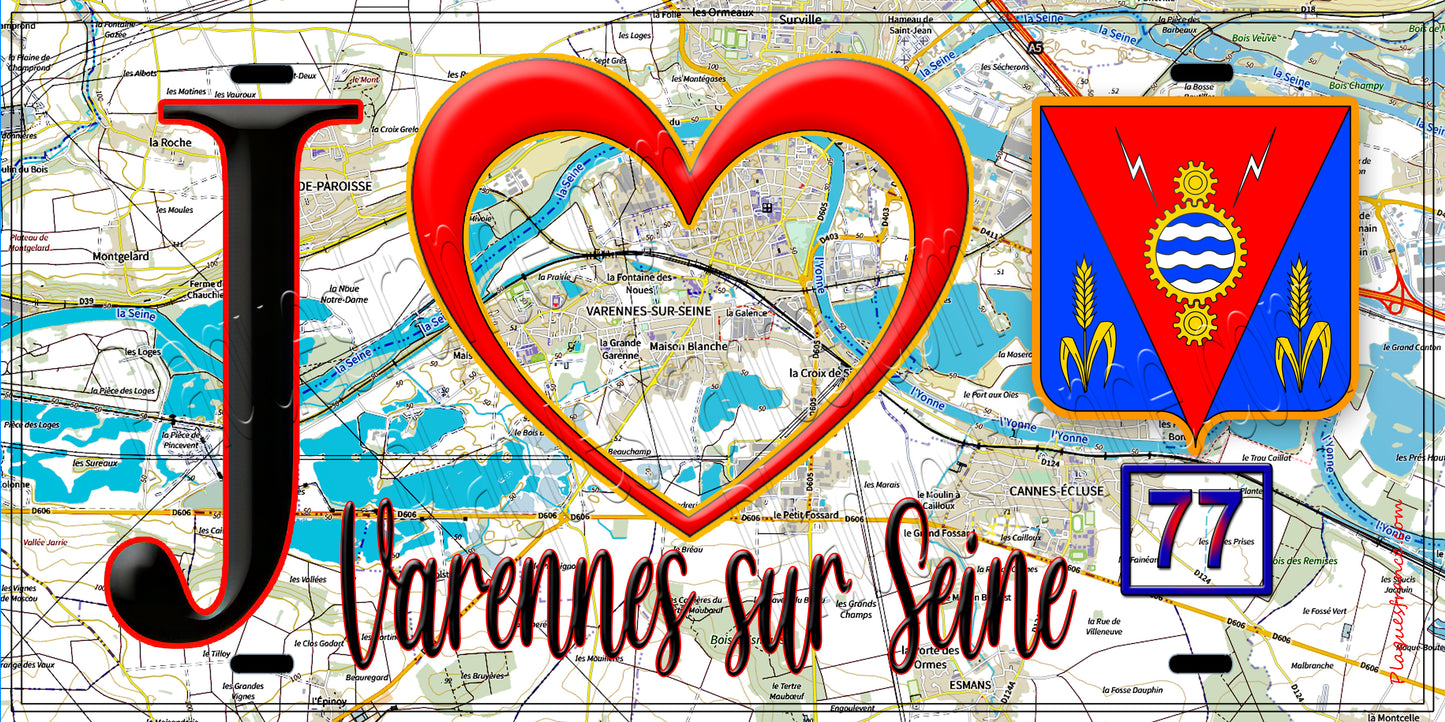 Plaque métal décorative  J' ❤️Varennes-sur-Seine, Seine et Marne (77) fond carte