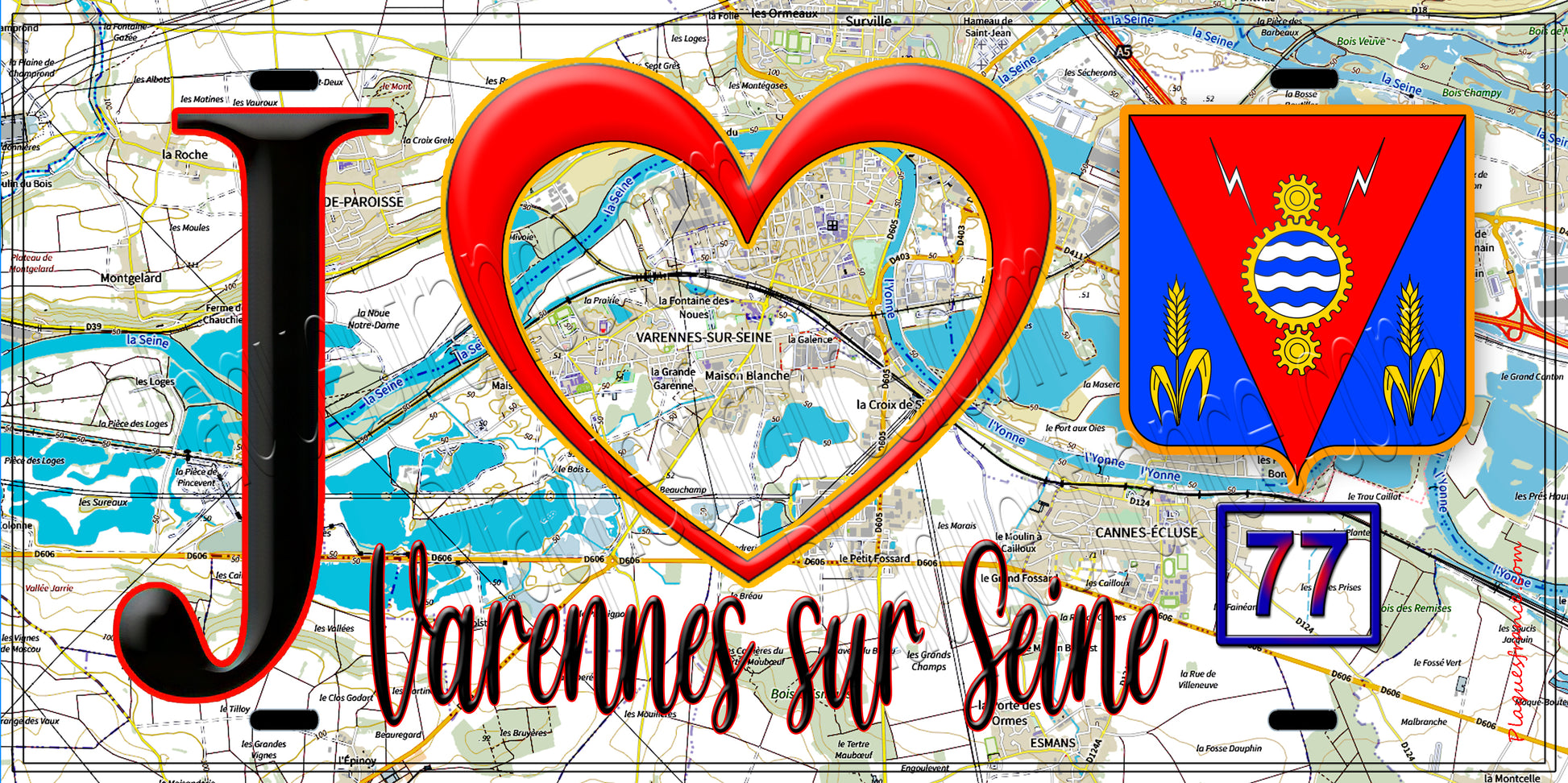 Plaque métal décorative  J' ❤️Varennes-sur-Seine, Seine et Marne (77) fond carte
