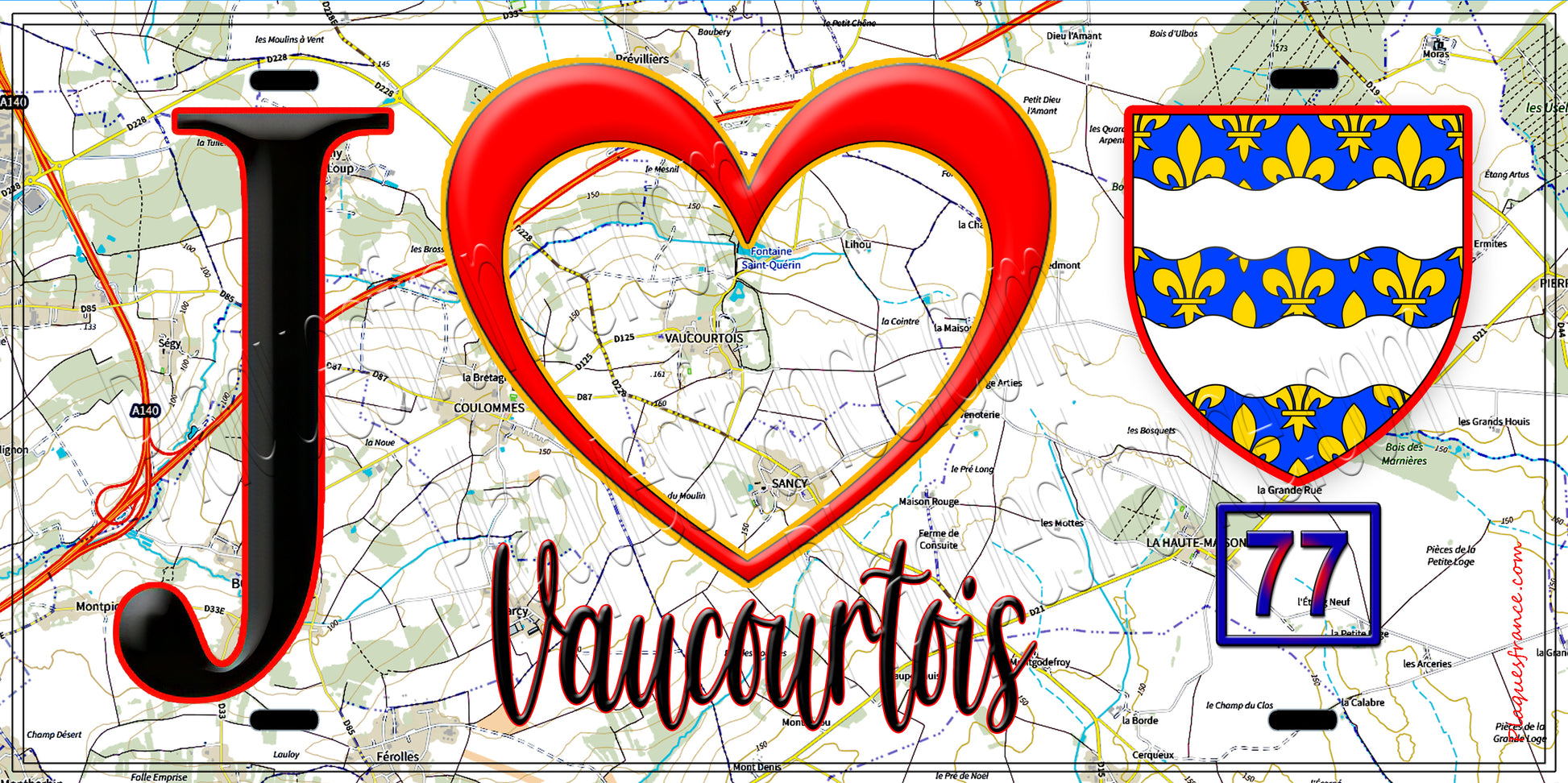 Plaque métal décorative  J' ❤️Vaucourtois, Seine et Marne (77) fond carte