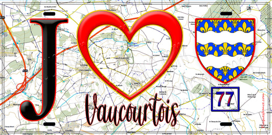 Plaque métal décorative  J' ❤️Vaucourtois, Seine et Marne (77) fond carte
