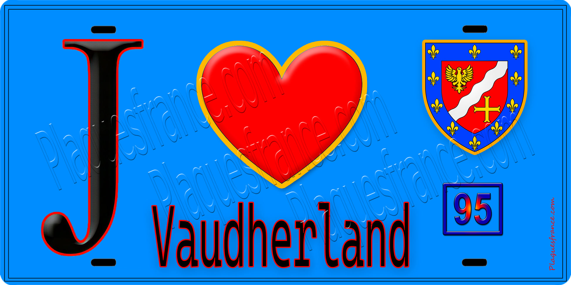 Plaque métal décorative  J' ❤️Vaudherland, Val d'Oise (95) fond bleu