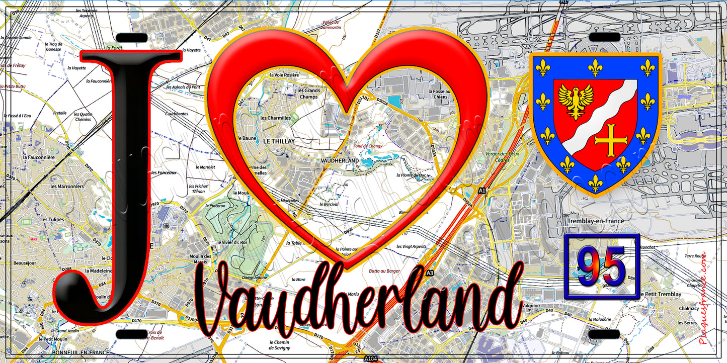 Plaque métal décorative  J' ❤️Vaudherland, Val d'Oise (95) carte