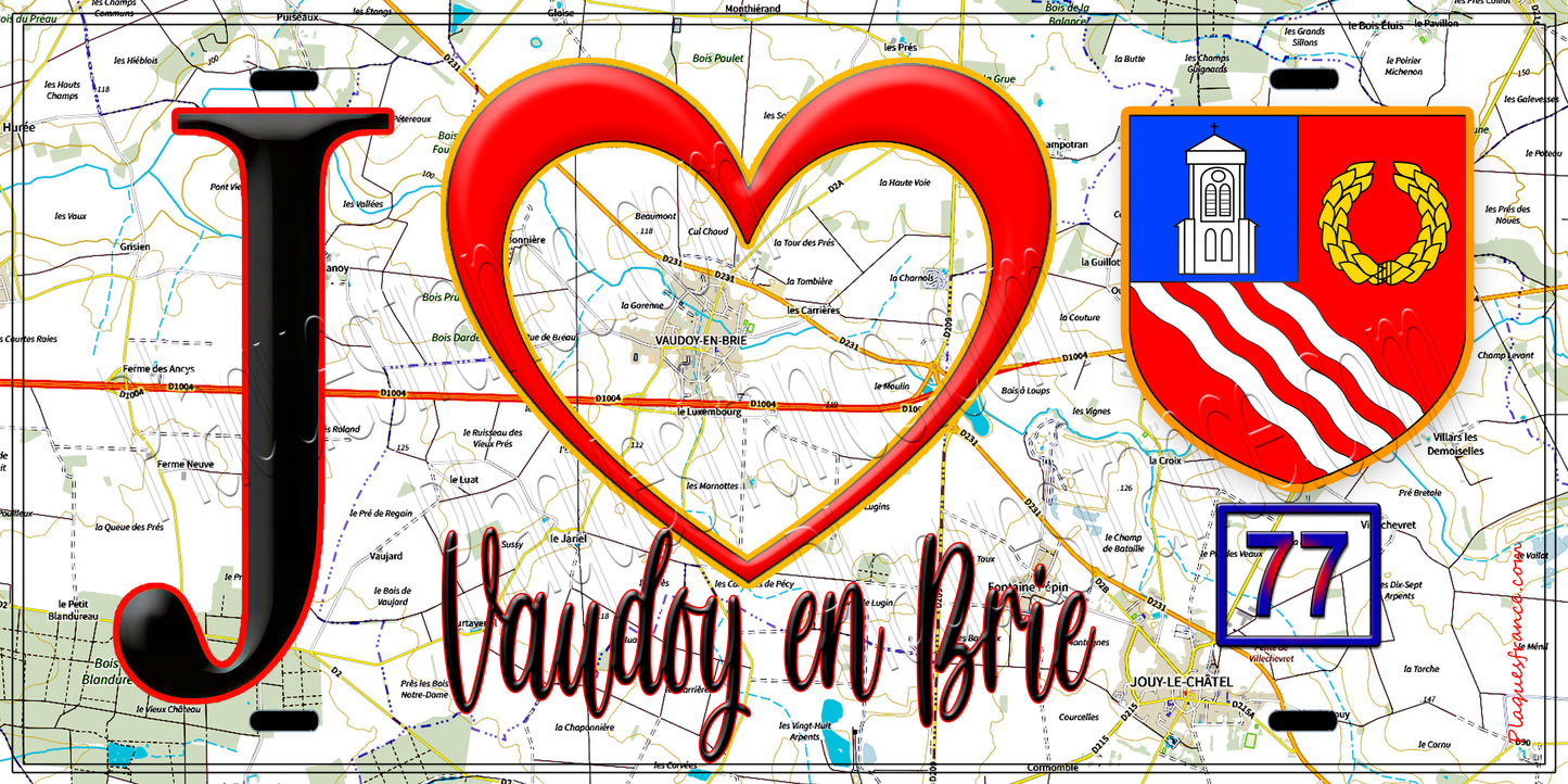 Plaque métal décorative  J' ❤️Vaudoy-en-Brie, Seine et Marne (77) fond carte