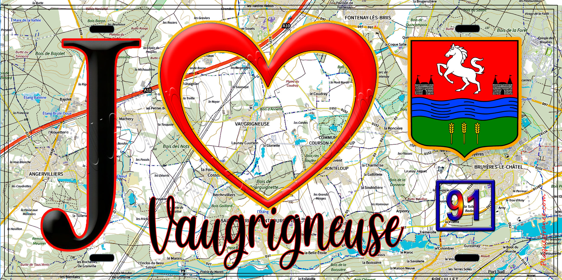 Plaque métal décorative  J' ❤️Vaugrigneuse, Essonne (91) fond carte