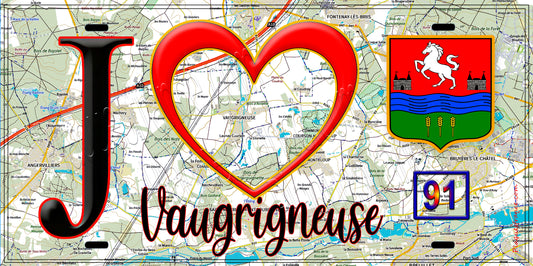 Plaque métal décorative  J' ❤️Vaugrigneuse, Essonne (91) fond carte