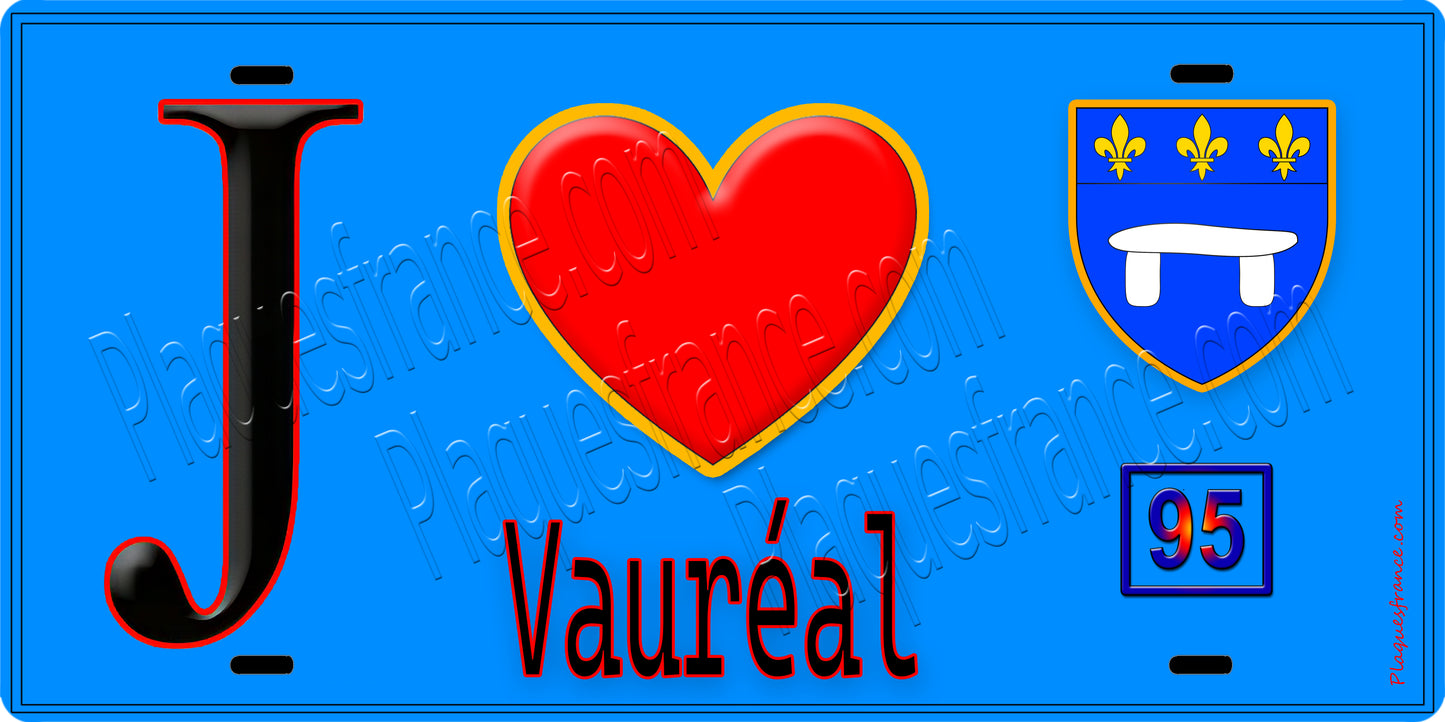 Plaque métal décorative  J' ❤️Vauréal, Val d'Oise (95) fond bleu