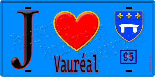 Plaque métal décorative  J' ❤️Vauréal, Val d'Oise (95) fond bleu
