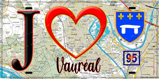 Plaque métal décorative  J' ❤️Vauréal, Val d'Oise (95) fond carte