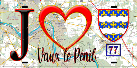 Plaque métal décorative  J' ❤️Vaux-le-Pénil, Seine et Marne (77) fond carte