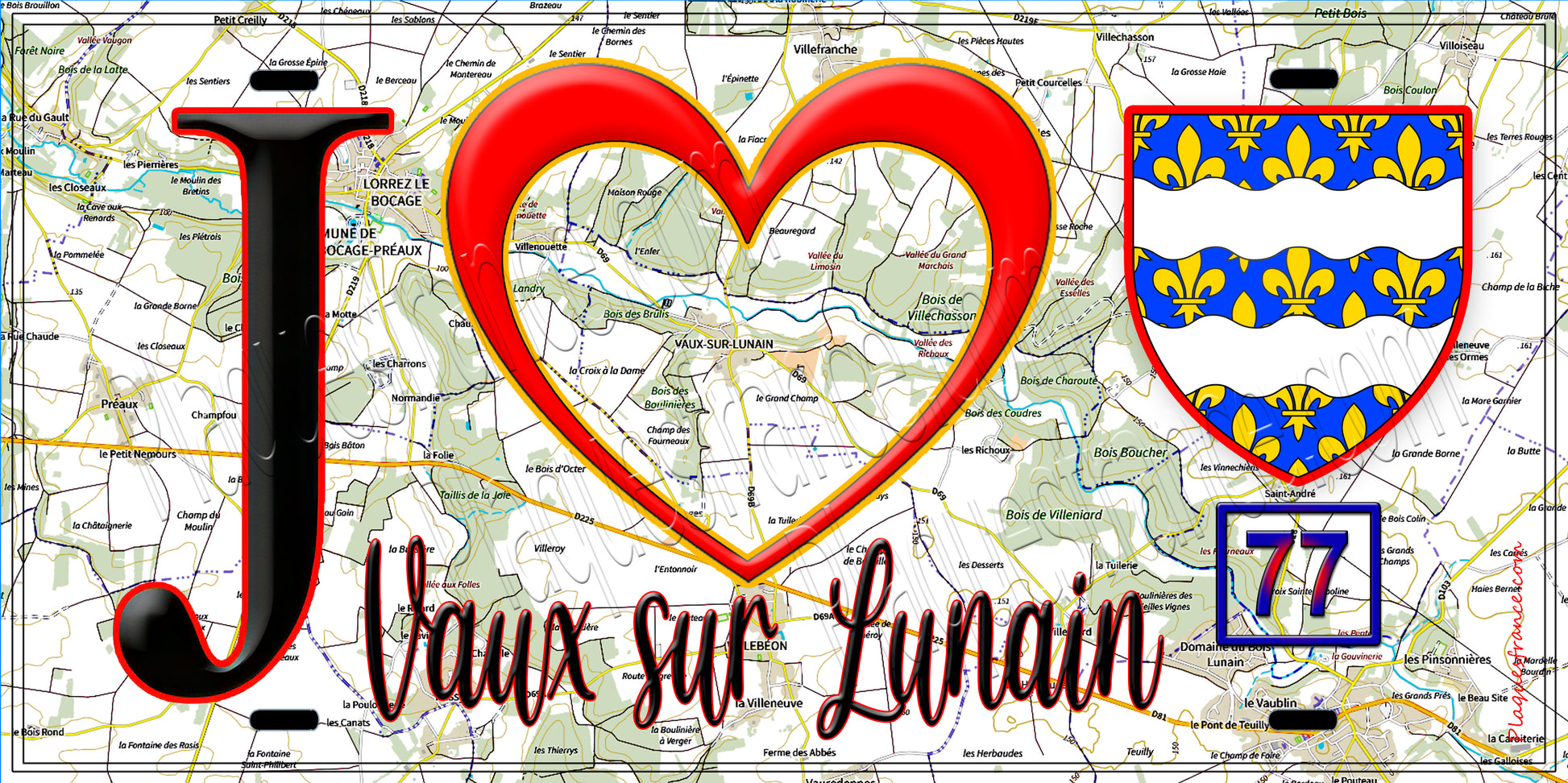 Plaque métal décorative  J' ❤️Vaux-sur-Lunain, Seine et Marne (77) fond carte