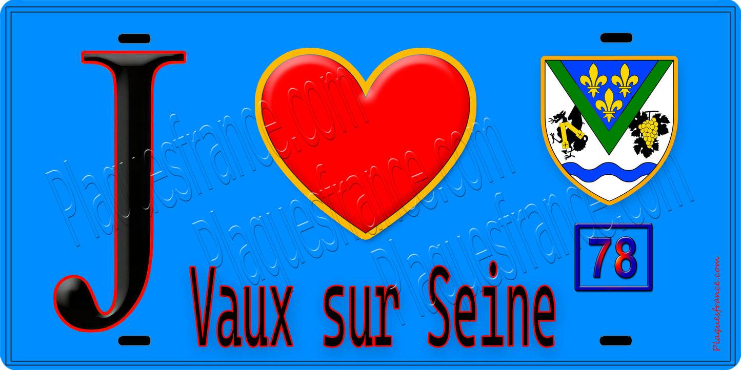 Plaque métal décorative  J' ❤️ Vaux-sur-Seine Yvelines (78) fond bleu
