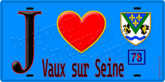 Plaque métal décorative  J' ❤️ Vaux-sur-Seine Yvelines (78) fond bleu