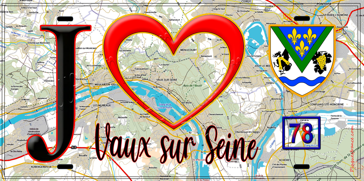 Plaque métal décorative  J' ❤️ Vaux-sur-Seine Yvelines (78) fond carte