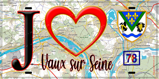 Plaque métal décorative  J' ❤️ Vaux-sur-Seine Yvelines (78) fond carte