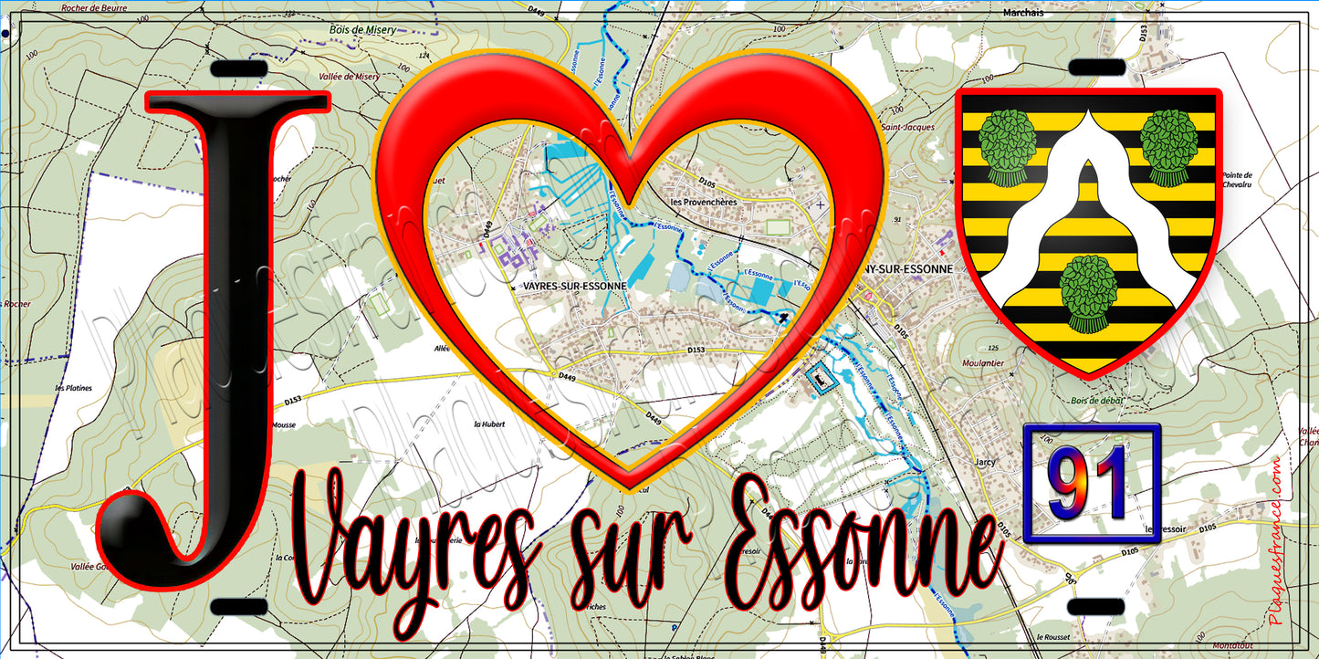 Plaque métal décorative  J' ❤️Vayres-sur-Essonne, Essonne (91) fond carte