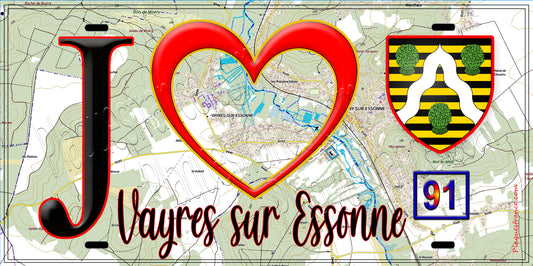 Plaque métal décorative  J' ❤️Vayres-sur-Essonne, Essonne (91) fond carte