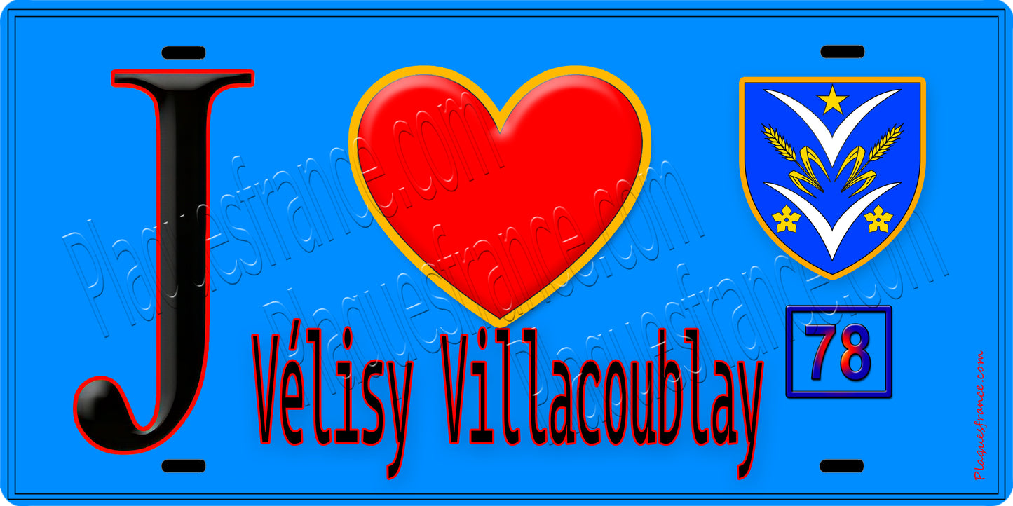 Plaque métal décorative  J' ❤️ Vélizy-Villacoublay Yvelines (78) fond bleu