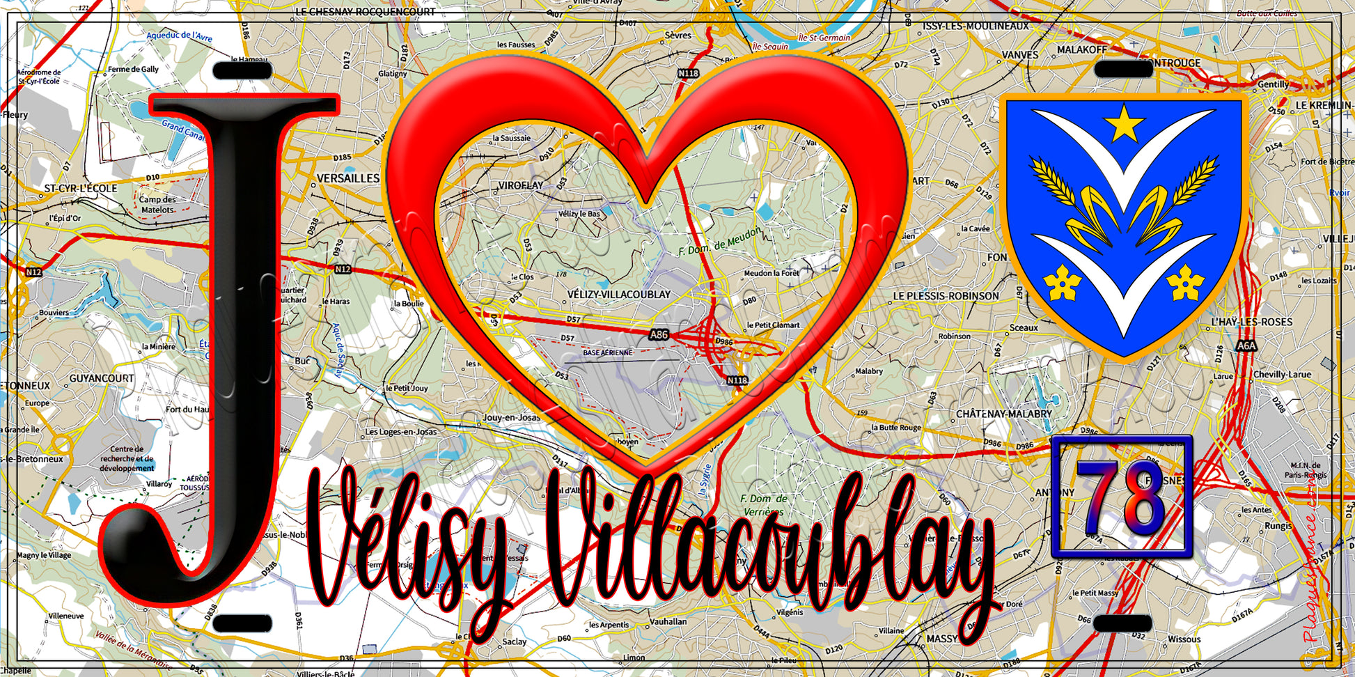 Plaque métal décorative  J' ❤️ Vélizy-Villacoublay Yvelines (78) fond carte