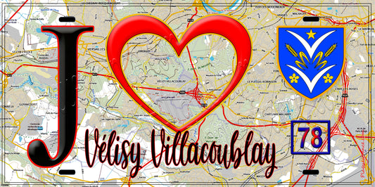 Plaque métal décorative  J' ❤️ Vélizy-Villacoublay Yvelines (78) fond carte