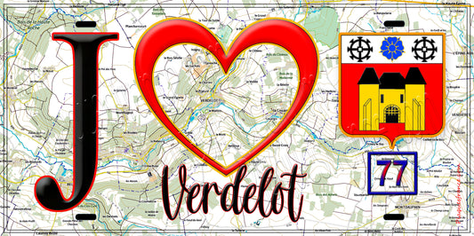 Plaque métal décorative  J' ❤️Verdelot, Seine et Marne (77) fond carte